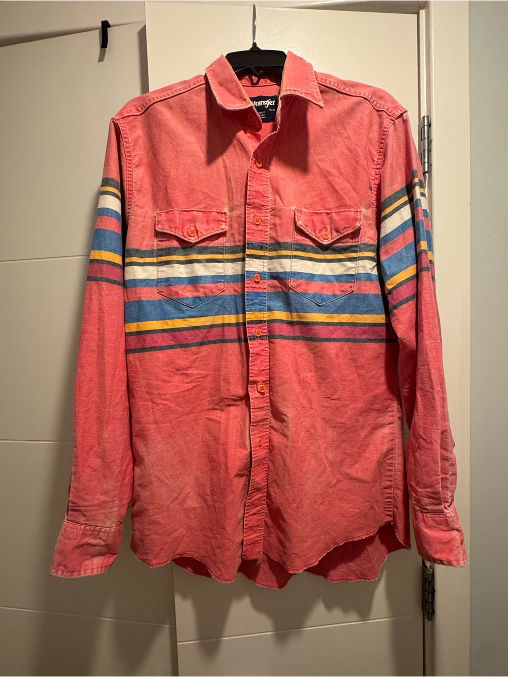 Wrangler Coral Button-Down with Multicolor Stripes